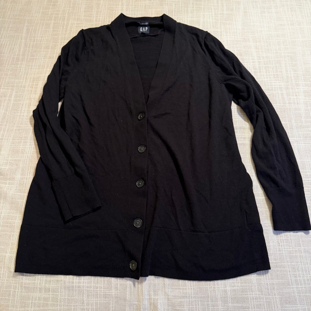 GAP Womens Black 100% Merino Wool Boyfriend Button Front Cardigan Sweater XL